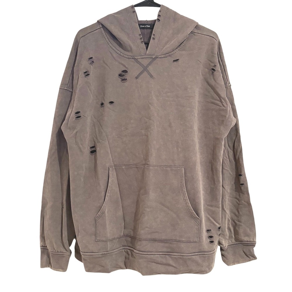 Doe & Rae Distressed Hoodie Brown Mineral Wash Oversized Ripped Sweatshirt XL